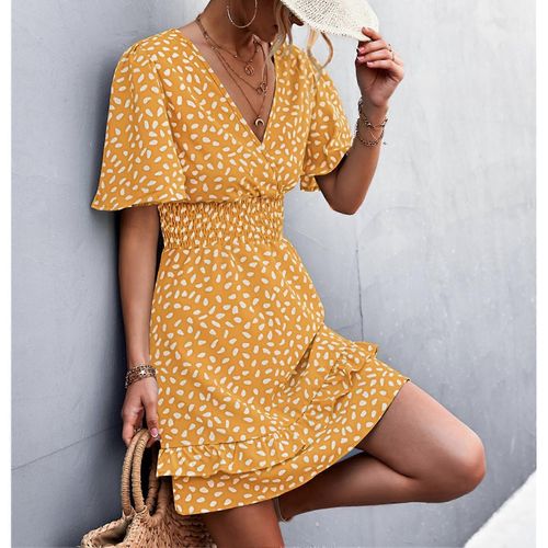 Robe Une Pièce Imprimé Floral Manches À Volants Robe Décontractée D'été Pour Femmes Pour Un Usage Quotidien Jaune M