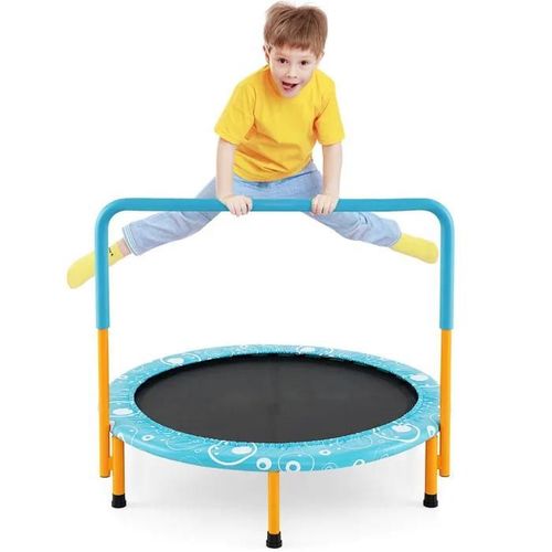 Costway Trampoline Enfants Pliable Ø92cm Housse De Sécurité Matelassée,Poignée Recouverte 30cordes Elastiques Intérieur 150kg Bleu