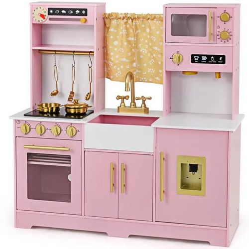 COSTWAY Cuisine pour Enfants 3 Ans+ avec 7 Ustensiles,Cuisinière, Distributeur d'Eau, Micro-ondes, Effet Sons et Lumières Réels