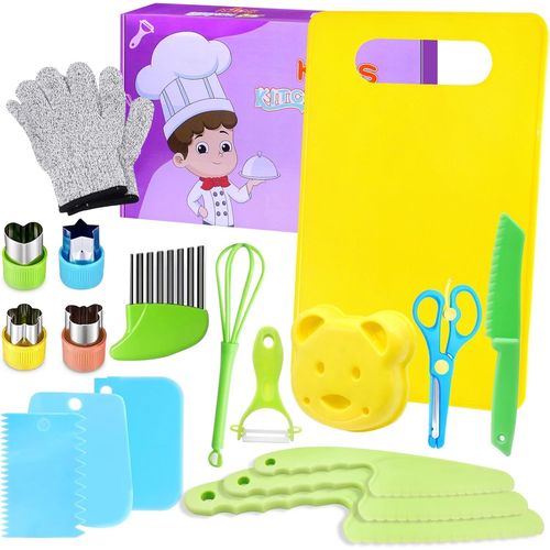 ERSHI-Kit Couteau Enfant, 18 Pièces Ustensiles Cuisine Enfant avec Planche à Découper, Mitaine et Éplucheur, Couteau Montessori po[856]