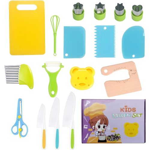 ERSHI-17pcs Kit Couteaux de Cuisine pour Enfants Plastique Couteau Enfant Ensemble de Couteaux Bois Ustensiles Montessori 3-6 Ans [968]