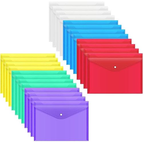 Ershi-24 Pièces Pochette Plastique A4 Colorée Pochette Documents Transparent Document Dossier Pochettes Chemises Avec Bouton-Press[3413]