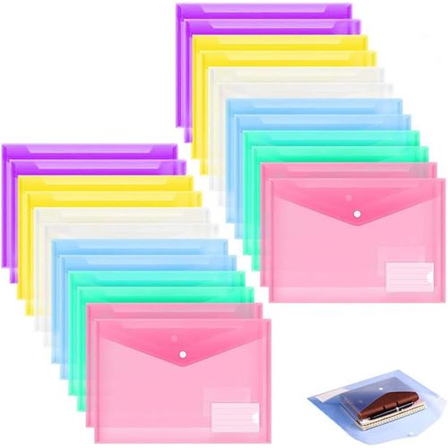 Ershi-24 Pièces Pochette Plastique A4 Colorée Pochette Documents Transparent Document Dossier Pochettes Chemises Avec Bouton-Press[774]