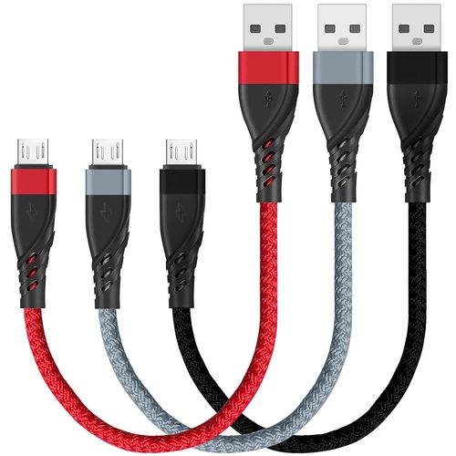KALANKA-Câble micro USB court [0,3 m 3 pièces], nylon USB 2.0 type A vers micro USB câble de chargement de téléphone portable et câble de chargement rapide de données compatible pour Samsung Galaxy S