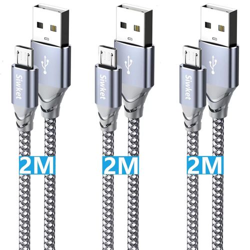 KALANKA-Lot de 3 câbles micro USB tressés USB A vers micro câble de charge Android pour Samsung Galaxy J7, S7, S6, Kindle Fire, tablettes Fire HD, manette PS4, Sony, HTC, LG, moto, Huawei 2 m \u2026
