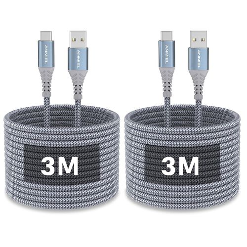 KALANKA-Lot de 2 câbles USB C 3 m - Charge rapide de type C - 3,1 A - En nylon tressé - Câble de charge USB A vers USB C - Pour Samsung Galaxy S10 S9 S8 Plus S21, Note 10 9 8, LG V20 G8 G7 - Chargeur