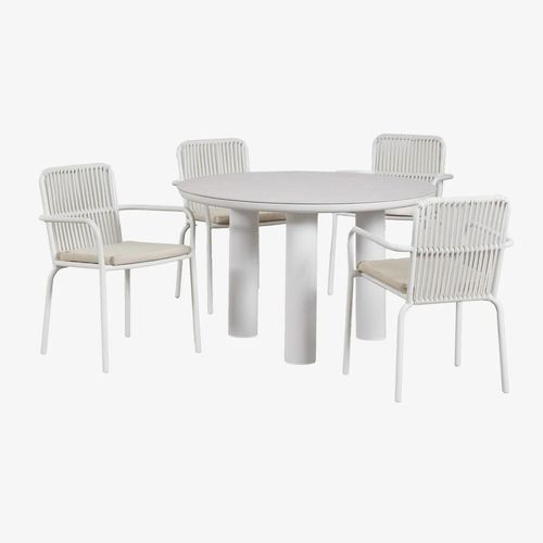 Ensemble Table Ronde Arken, Ø120, En Céramique Et Aluminium, Et 4 Chaises De Salle À Manger Alberta En Aluminium Avec Accoudoirs Beige Crème