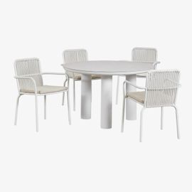 Ensemble Table Ronde Arken, Ø120, En Céramique Et Aluminium, Et 4 Chaises De Salle À Manger Alberta En Aluminium Avec Accoudoirs Beige Crème