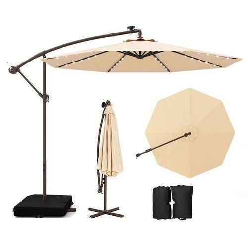 Parasol Déporté 3m - 40 Lumières Led - Costway - Base Croisée Sac De Sable - Beige - Protection Uv 20+ Panneau Solaire 6 Heures