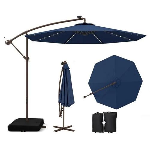 Parasol Déporté 3m 40 Leds - Costway - Base Croisée Sac De Sable - Tissu En Polyester Uv 20+ Bleu - Panneau Solaire 6 Heures