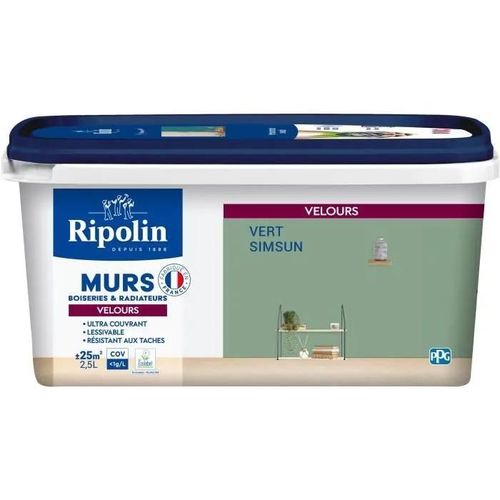 Peinture Intérieure Couleur Velours pour Murs-Boiseries-Radiateurs - Chambre-Salon-Salle-Entrée - 2,5L - Vert Simsun - Ripolin
