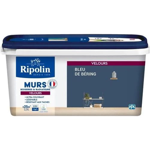 Peinture Intérieure Couleur Velours pour Murs-Boiseries-Radiateurs - Chambre-Salon-Salle-Entrée - 2,5L - Bleu de Béring - Ripolin