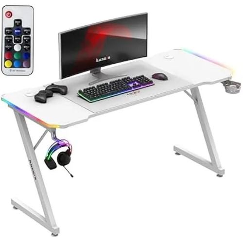 Bureau Gaming Huzaro Hero 3.3 White Rgb - Éclairage Led, Plateau 140 Cm, Porte-Gobelet, Support Casque, Tapis Xxl Inclus