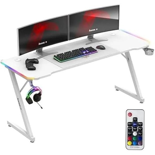 Bureau Gaming Huzaro Hero 4.8 Blanc Rgb - Éclairage Led, Plateau 160 Cm, Finition Carbone, Supports Casque Et Gobelet, Ergonomique