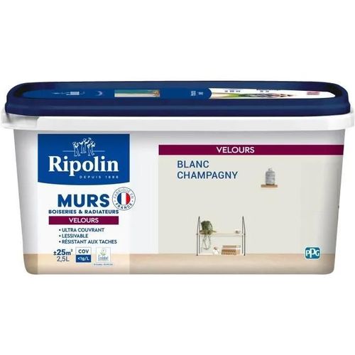 Peinture Intérieure Couleur Velours pour Murs-Boiseries-Radiateurs - Chambre-Salon-Salle-Entrée - 2,5L - Blanc Champagny - Ripolin