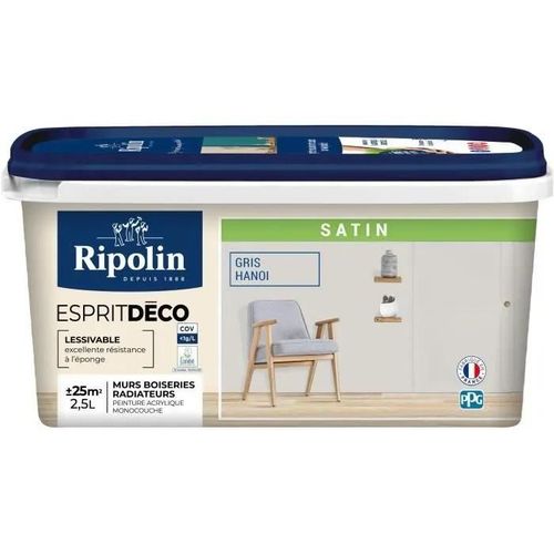 Peinture Couleur Intérieure Satin pour Cuisine Salle Salon Chambre - Sur Murs Boiseries Radiateurs - 2,5L - Gris Hanoi - Ripolin