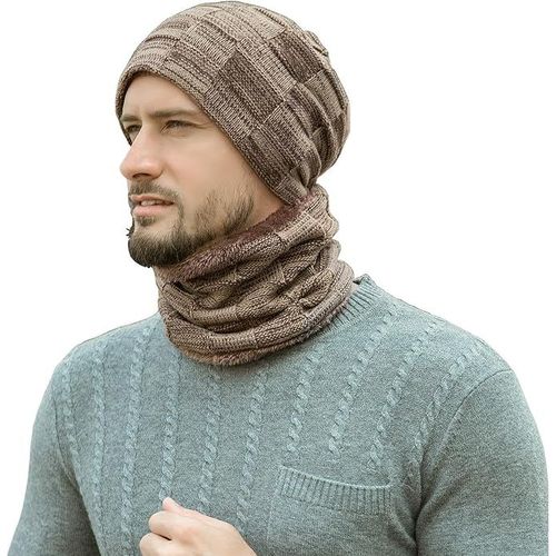 Ensemble Bonnet Et ¿¿Charpe D'hiver Pour Homme, Bonnet Tricot¿¿ Chaud, Bonnet Kaki, Cache-Cou Avec Doublure Polaire ¿¿Paisse, Bonnet Et ¿¿Charpe D'hiver