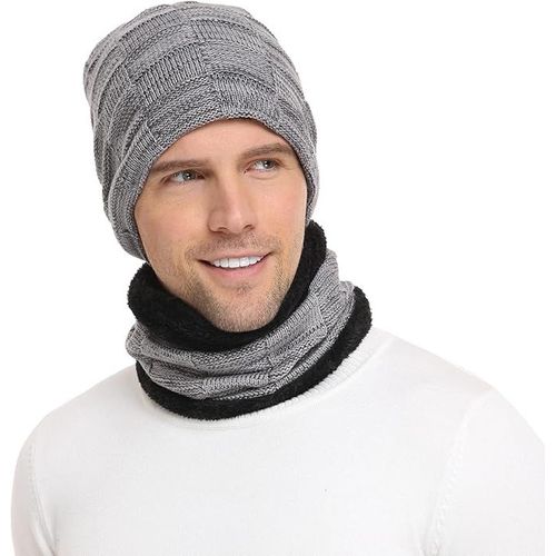 Ensemble Bonnet Et ¿¿Charpe D'hiver Pour Homme, Bonnet En Tricot Chaud, Bonnet Gris Avec Cache-Cou Et Doublure Polaire ¿¿Paisse.