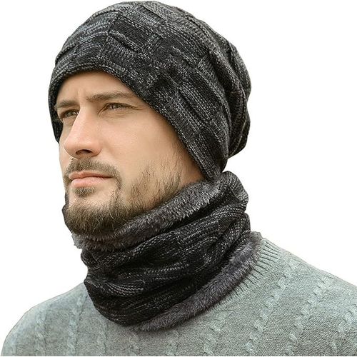 Ensemble Bonnet Et ¿¿Charpe D'hiver Pour Homme, Bonnet Tricot¿¿ Chaud Noir, Cache-Cou Avec Doublure Polaire ¿¿Paisse, Bonnet Et ¿¿Charpe D'hiver