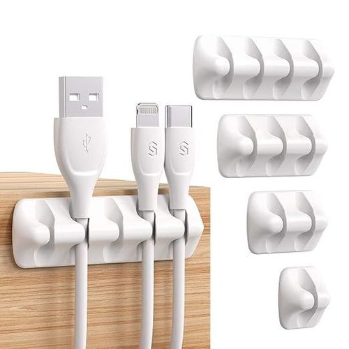 Lot de 4 pinces de rangement de cables blanches en silicone pour bureau, pour cables de chargeur, souris, casque et t¿¿l¿¿phone.