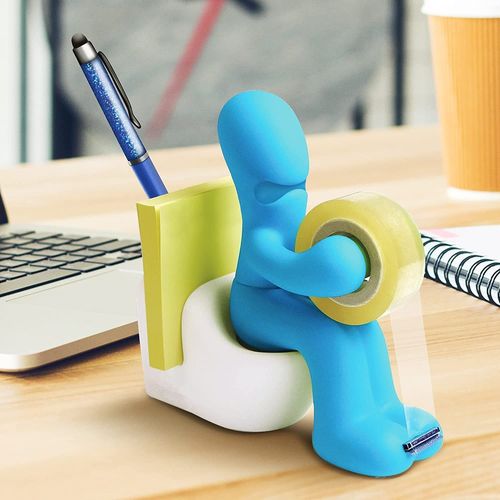 (Bleu) Fournitures de bureau - Distributeur de ruban adh¿¿sif amusant - Support d'accessoires de bureau amusant et cool avec rouleau de ruban adh¿¿sif, trombones, notes autocollantes et stylo inclus