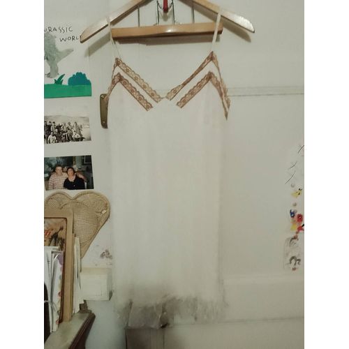 Nuisette En Dentelle Blanche Col Marron 36 S Lesther Paris Vintage Années 90.
