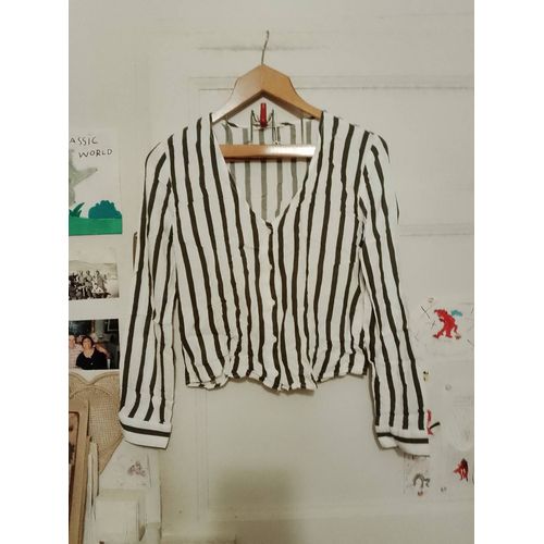 Chemise Sans Col Grise Foncée/Blanche 38 M Pull & Bear.