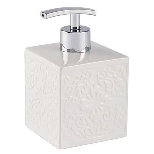 WENKO Distributeur Savon Liquide, Cordoba, Capacité 500 ml, Céramique à relief, 13x8,5x8,5 cm, blanc