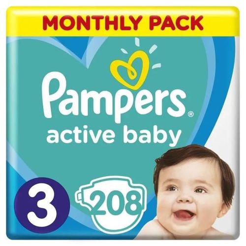 Couches Pampers - Active Baby - Taille 3 - 208 Couches - Pack 1 Mois