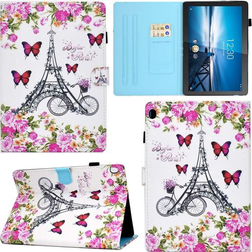 Coque Pour Lenovo Tab M10 Hd 10,1"" Tablet, Pu Cuir Flip Smart Cover Housse Étui Case Portefeuille Supporter Avec Carte De Crédit Fentes Fermoir Magnétique - Tour Eiffel Rose