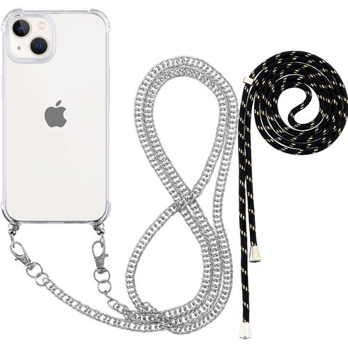 Cover Per Iphone 14 Pro Max Con Cordino E Catena, Custodia Trasparente Con [2 Pezzi] Collana Tracolla Laccio, Morbido Tpu Silicone Antiurto Anti-Graffio Protettiva Case, Argento E Nero