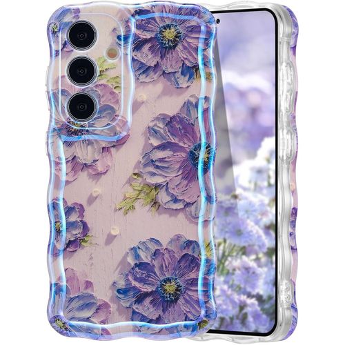 Étui De Coque Pour Samsung Galaxy S24,Coloré Vintage Peinture À L'huile Laser Fleur Cas De Téléphone Brillant Curly Wave Frame Durable Souple Tpu Cas Imprimé Cas De Protection-Lila
