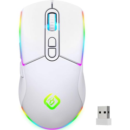 Souris de Jeu sans Fil, bi-Mode 2.4GHz/Bluetooth 5.1, rétro-éclairée par LED RGB, Souris Ergonomique à 6 Boutons, Souris Informatique Rechargeable pour PC, Mac, Ordinateur Portable (Blanc)
