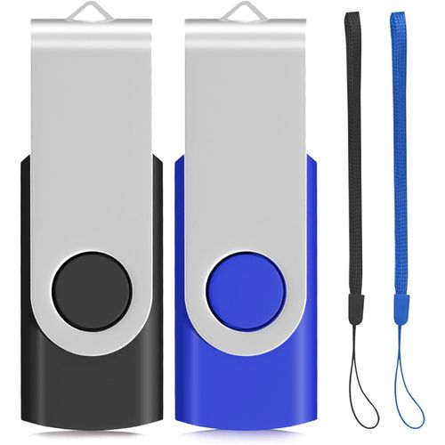 Lot de 2 clés USB 2.0 Eastbull avec protection pivotante (couleurs mélangées et cordon) 32 Go noir/bleu