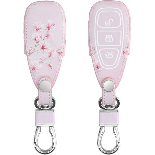 Accessoire Clé De Voiture Compatible Avec Ford Keyless Go 3-Bouton - Coque En Simili Cuir Pour Clef De Voiture Rose Clair-Blanc-Rose Ancien