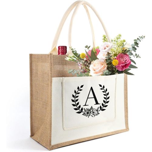 Cadeau pour Femme, Sac Cabas Multi-Usages en Toile de Jute, Sacs de Jute en Toile Initiale, Sac Cabas Jute avec Alphabet, Cadeau pour Femmes, Amis, Anniversaire, Plage, Mariage