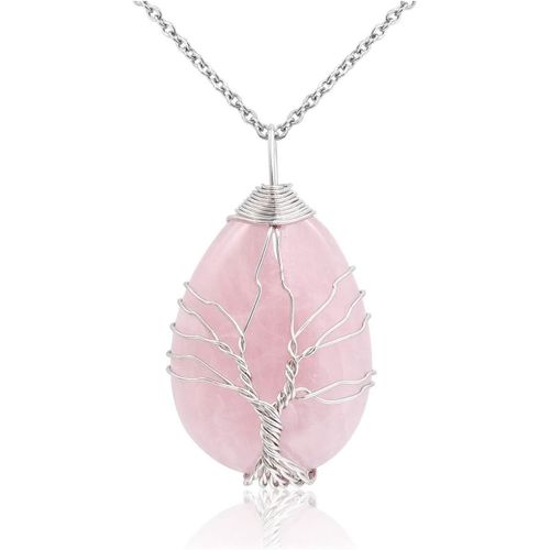 Bijoux Pendentif Collier Perles Pierre Naturelle Retro Diy Arbre De La Vie En Cuivre Argente Fil Forme Goutte D'eau Pierre Precieuse D'energie Avec Chaîne