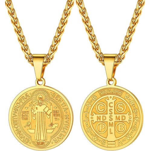 Collier Homme Croix De Saint Benoît Chaîne Et Pendentif En Acier Inoxydable 316l/Plaqué Or Jaune Bijou Religieu