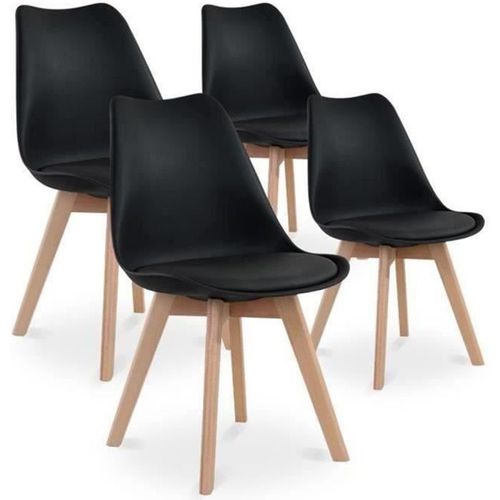 Lot De 4 Chaises De Salle À Manger Scandinave Siège Cuisine Pieds En Bois De Hêtre Massif Noir