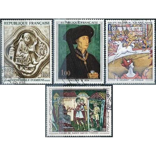 France 1969, Belle Série Artistique Complète, Timbres Yvert 1586 Cathédrale D'amiens, 1587 Philippe Le Bon Par Rogier De La Pasture, 1588 Abbaye De Saint Savin Et 1588a Le Cirque Par Seurat, Obli. Tbe