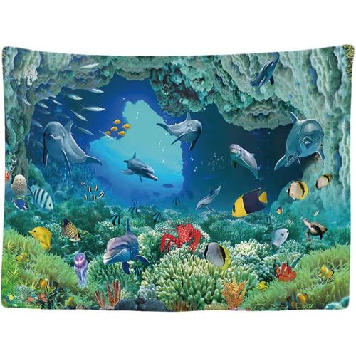 Kalanka-Tapisserie Murale Décorative Chambre - Dauphin Poisson Aquarium Plantes Corail Mer - 200 X 150 Cm Grand Papier Peint Tissu Tapestry Aesthetic Wall - Décoration Panoramique