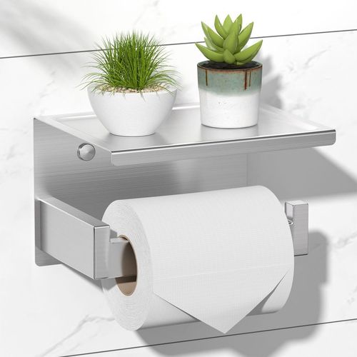 KALANKA-Porte Rouleau Papier Toilette Auto-adhésif avec Tablette, Support Papier Toilette Mural pour Salle de Bain, Acier Inoxydable, Derouleur Papier Toilette WC sans Percage - Argent Acier Brossé
