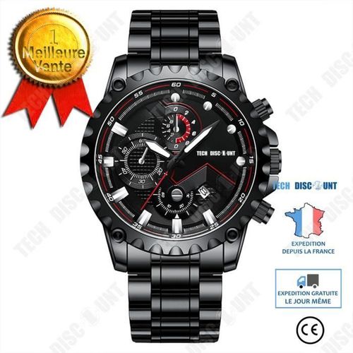 Td® Montre Homme Noir Net Rouge Étanche Sport Mode Tendance Montre En Acier Inoxydable Montre Homme