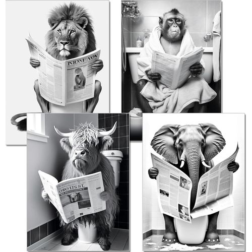 KALANKA-® Lot de 4 posters décoratifs pour WC - Impression d'art A4 en noir et blanc - Décoration murale pour toilettes - Boeuf des Highlands Singe Lion Éléphant Safari B19
