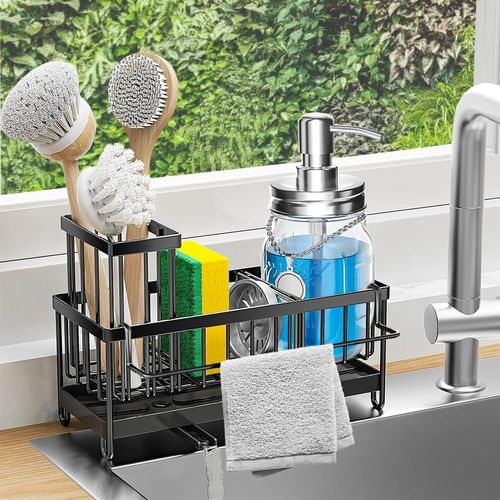 Kalanka-Porte-Éponge Pour Évier De Cuisine Porte-Éponge Pour Évier, Support En Acier Inoxydable 304 Pour Évier, Plan De Travail Avec Plateau De Drainage Amovible Avec Drainage Par Dérivation. (Noir-A