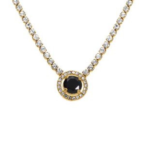 Collier Acier Doré Chaîne Rail Oxydes Blancs Sertis Pendentif Rond Oxyde Noir Et Contour Blancs 38+5cm