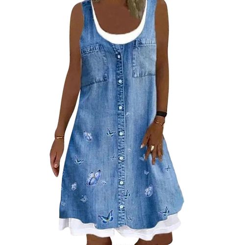 Femmes Été 3d Print Sleeveless Fake Deux Pièces Denim Mini Robe Décontractée Robe De Soleil