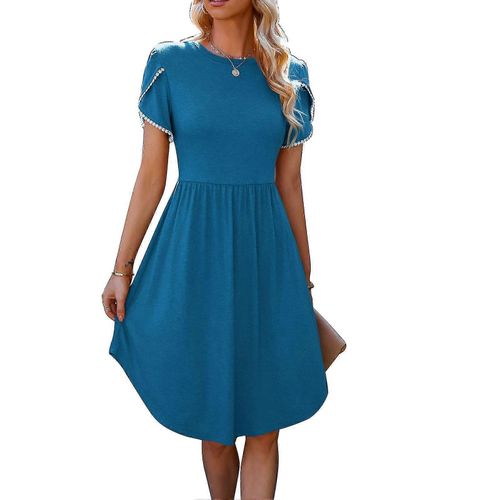 Robe Mi-Longue À Manches Courtes À Manches Courtes Et À Ourlet Bleu En Dentelle Pour Femmes - Robe À Col Rond D'été Décontractée Et Lâche Pour Une Soirée De Rencontres
