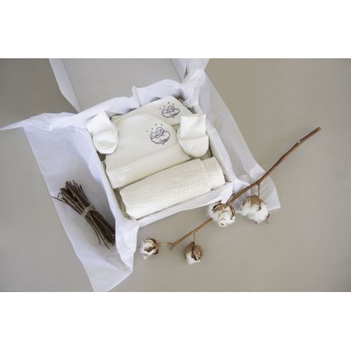Le Coffret "L’Essentiel" Bébé Coton Contient 6 Pièces En Coton Bio, Aux Tons Écru Mixtes, Pour Accompagner Bébé Dès La Naissance Avec Douceur, Qualité Et Élégance.