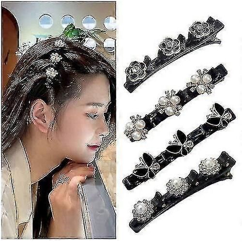 4pcs Sparkling Crystal Stone Tressé Hair Clips, Three Flower Side Hair Clips, Hair Cutting Clips Girl Women